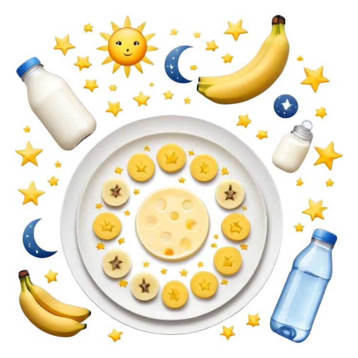 Mystical daily routine constellation: water bottle, sun, chicken plate, banana, gym weight, yogurt, fruits and chocolate, and moon symbols arranged like stars in a constellation pattern with glowing lines connecting them in sequence sticker