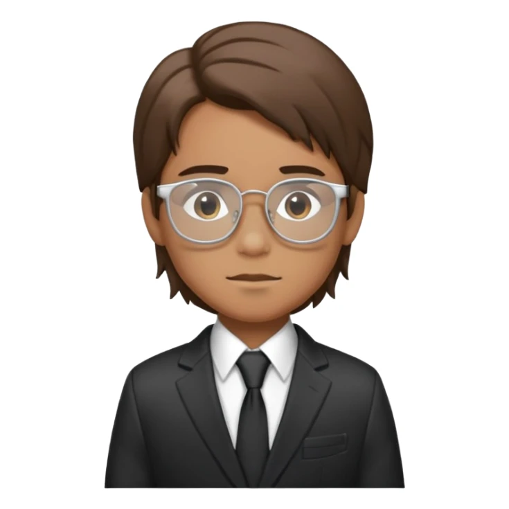 A boy with long brown hair wearing silver glasses. Dressed in a suit, black tie and jacket, white shirt. Visible from the waist up. sticker