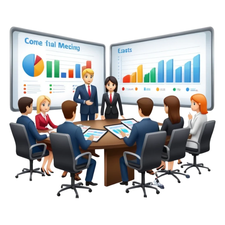 boardroom meeting with people presenting charts on a large table sticker