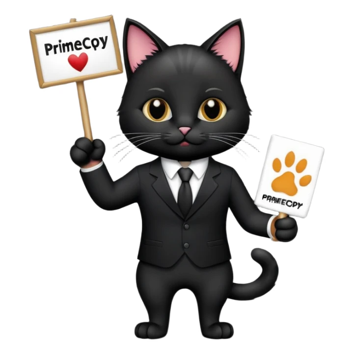 A cat in a black business suit holds a sign with the inscription "PrimeCopy" with one paw and shows a like with the other paw sticker