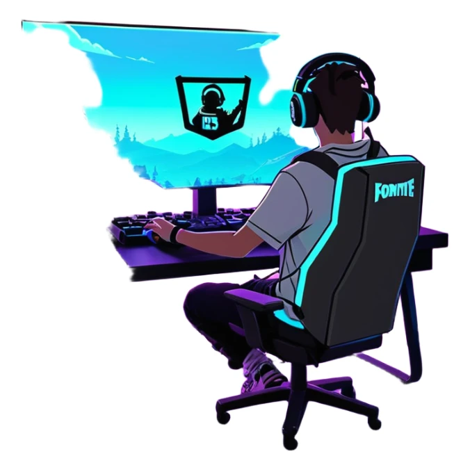 A gamer in a pro set up gaming room with LED lights playing Fortnite sticker