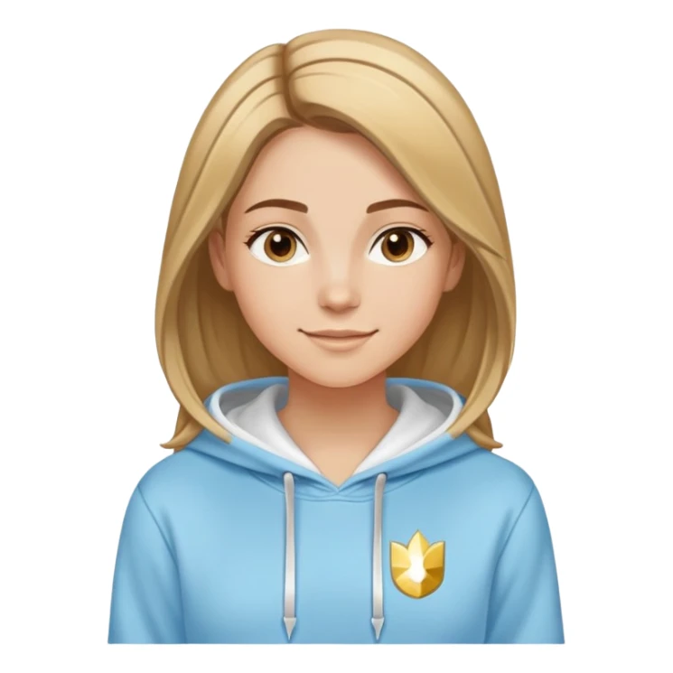 Woman with predominantly brown hair with blonde highlights, straight with side part, serene smile, dreamy eyes, wearing a light blue fantasy-sporty hoodie with golden and white details sticker
