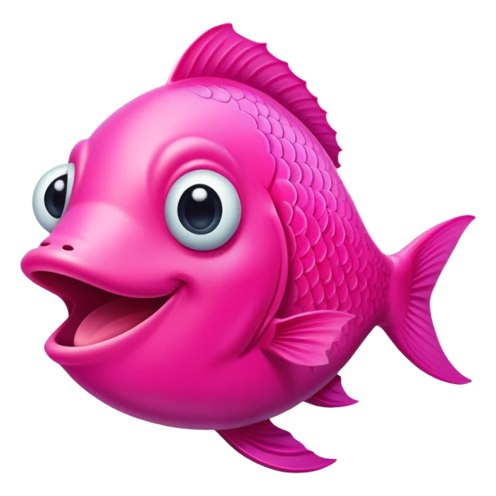 super friendly, extremely derpy bright neon pink fish with big goofy smile and crossed eye, tongue sticking out, perfect flat side profile facing right, exactly 90 degrees, one eye visible sticker