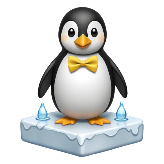penguin, yellow bow tie, standing on small ice melting block sticker