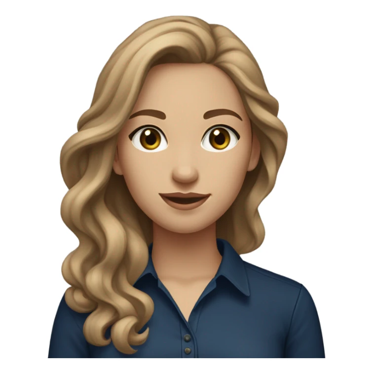 light skinned girl, with blueish and a bit green eyes, light brown wavy long hair, navy blue tight shirt, small chest, skinny body sticker