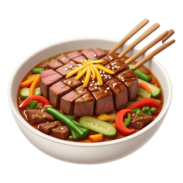 Cinematic Realistic Bulgogi Dish Emoji, featuring tender, marinated beef stir-fried with vegetables rendered with dynamic textures and mouth-watering lighting. sticker