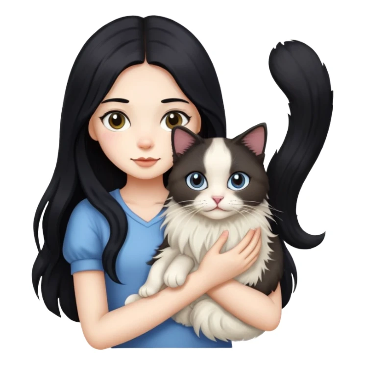A girl with long black hair holding a ragdoll cat sticker