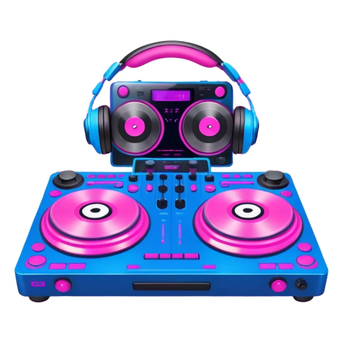 Create a dynamic and modern emoji that represents electronic music and DJing. The design should feature a DJ controller with two vinyl turntables, DJ headphones, and glowing sound waves or a waveform to symbolize the energy of mixing and electronic beats. Use vibrant neon colors like electric blue, neon pink, or green to represent the futuristic and pulsating nature of electronic music. Add subtle details of flashing lights or abstract patterns to evoke the nightclub or festival atmosphere. The background should be transparent. sticker