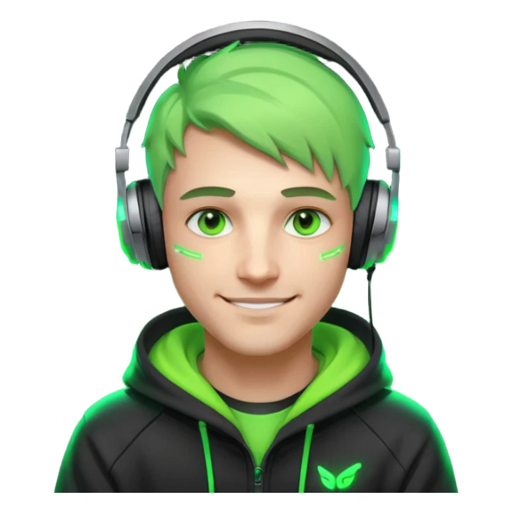 friendly streamer avatar, smiling man, stylized illustration, neon green eyes with soft warm highlights, hoodie and headset with neon accents, subtle cyberpunk vibe, dark background, clean lines, cozy and friendly mood sticker