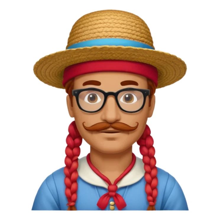 venice gondolier with long red braided hair, iconic hat, normal glassess and mustache sticker