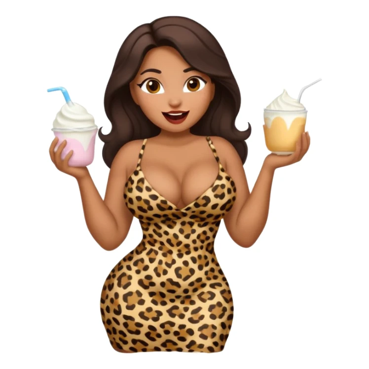 attractive full body latina with massive curves, breasts, and ass wearing a tight leopardskin dress  with her mouth open and white yogurt all over her face and in her mouth sticker