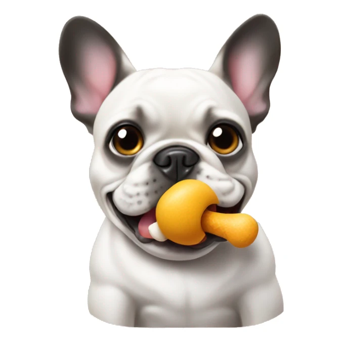 French bulldog chewing on toy sticker