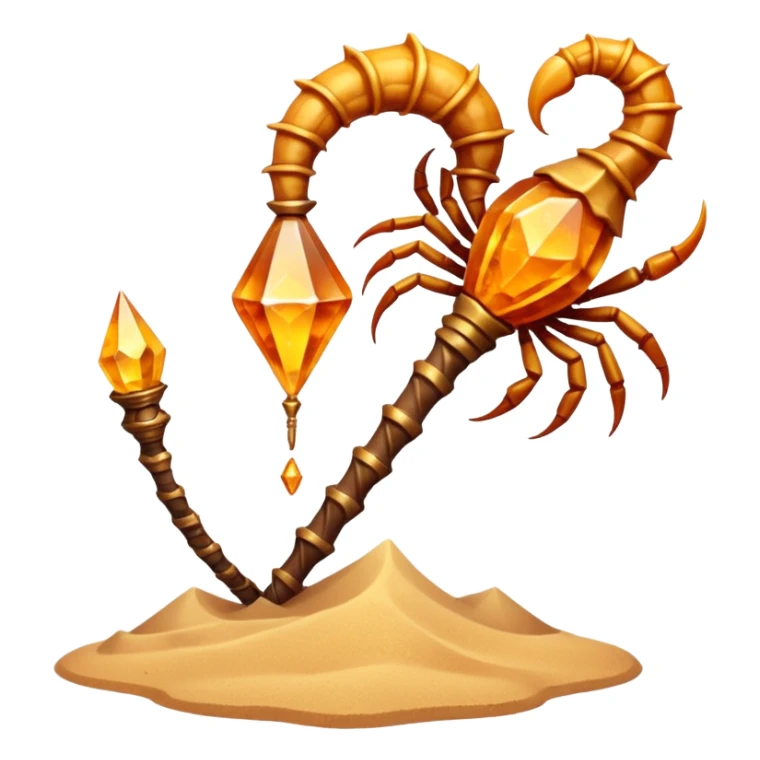 desert sand mage staff object icon, staff topped with a scorpion-shaped sand crystal, glowing amber aura, tribal desert carvings, floating sand dust, 3D cartoon, mobile game icon style, centered, clean background, no text, no watermark
 sticker