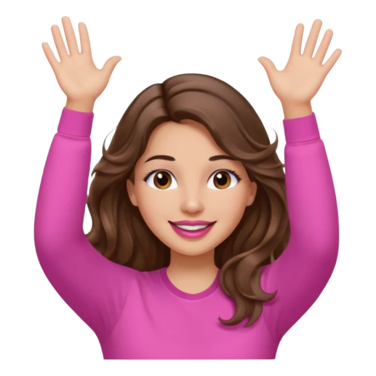 girl with long wavy brown hair, brown eyes, light to medium complexion, in a pink shirt, pink lips, long lashes, puckered lips, both hands in teh air sticker
