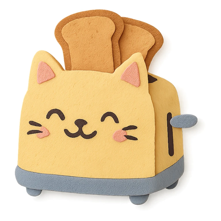 cute cat-shaped toaster with two toast slices popping out, smiling, soft pastel palette, full-body sticker