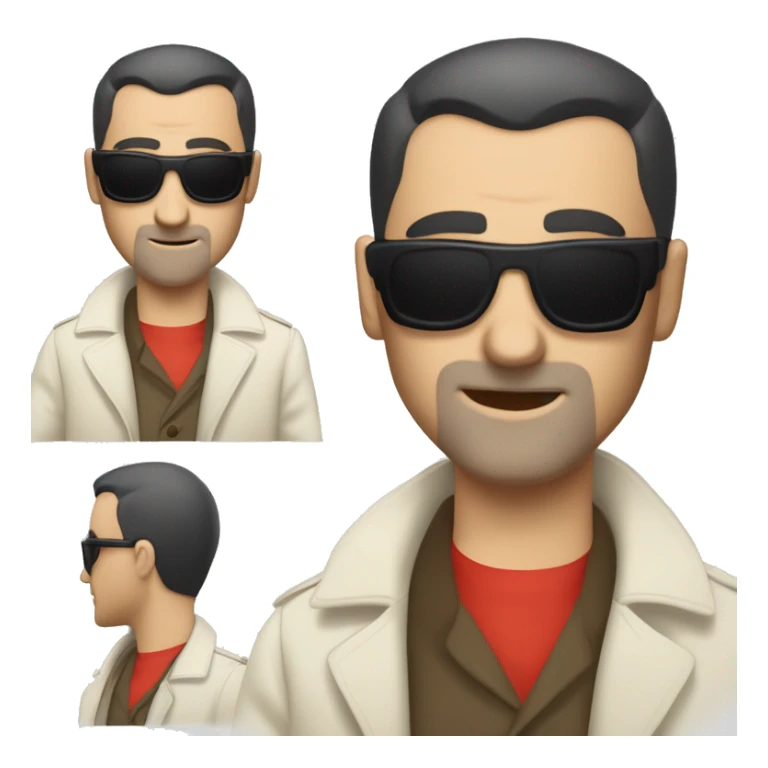<excerpt>
A 1930s white man with real buzz cut Black hair, beard stubble donning small red tinted sun glasses in a dirty white trench coat, is serious.
</excerpt> sticker