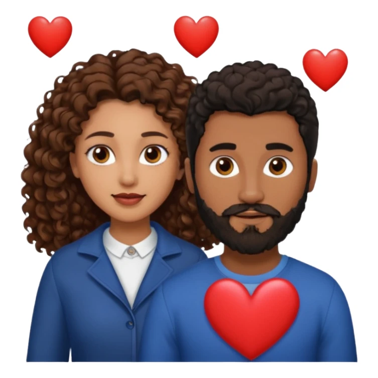 pareja de Mujer morena rizada cabello largo castaño ojos oscuros y hombre blanco con cabello negro corto con barba y ojos marron alrededor de la pareja corazones sticker