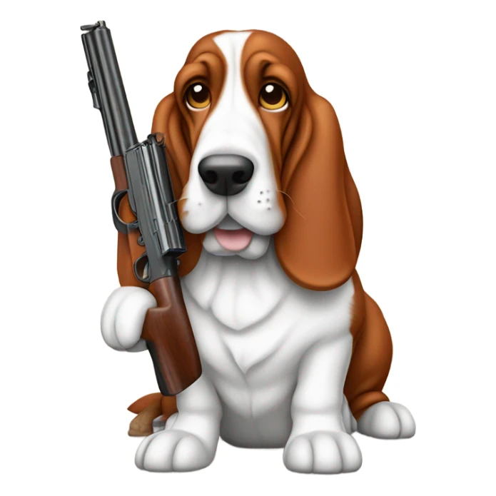 Red and white basset hound with gun sticker