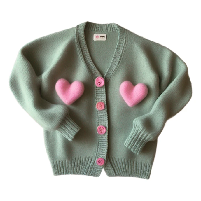 Sage oversize wool open short cardigan with pink heart buttons, isolated sticker
