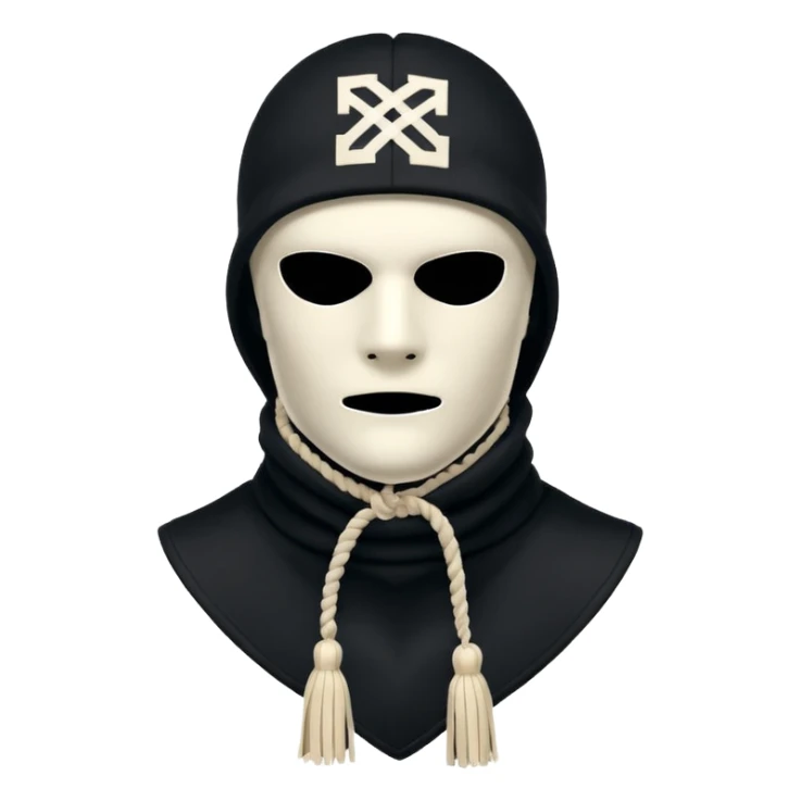 Deconstructed off-white balaclava with frayed layers, rope tassels, subtle embroidery. Studio photo, white bg, soft light. Streetwear luxury style.
 sticker