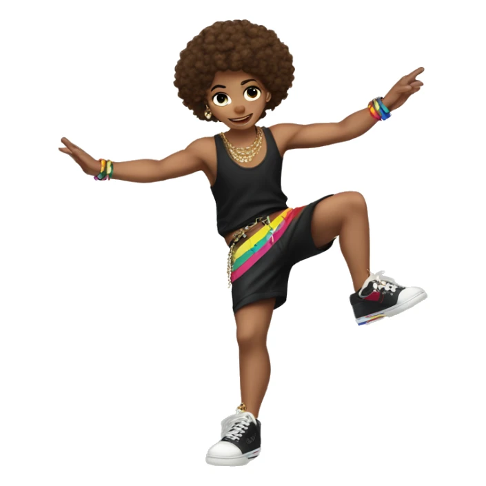 Spinning break dancer, short fuzzy brown hair, white skin, black singlet, rainbow coloured shorts, black shoes, gold chain, earings sticker