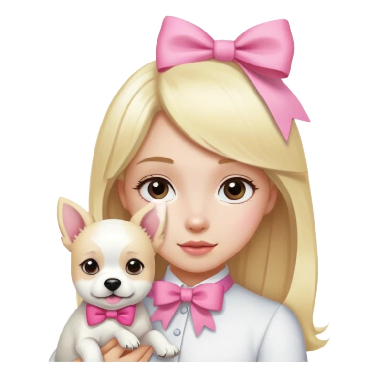 una rubia con un lazo rosado cargando a un perro blanco  sticker