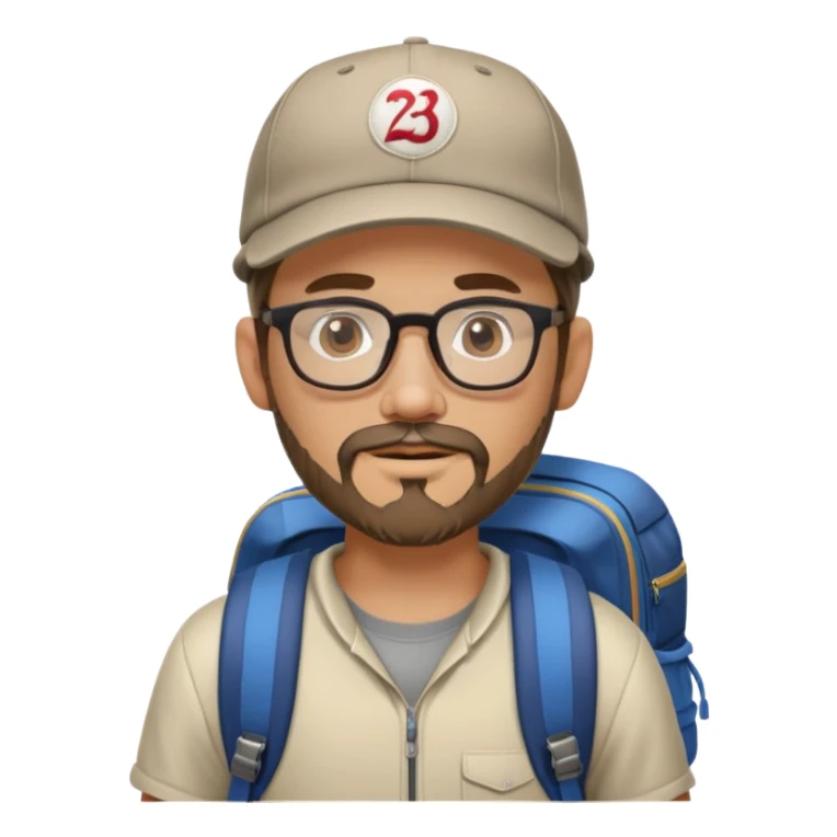 adventurer with goatee beard (no beard on cheeks), short hair, glasses, backwards baseball cap and backpack sticker