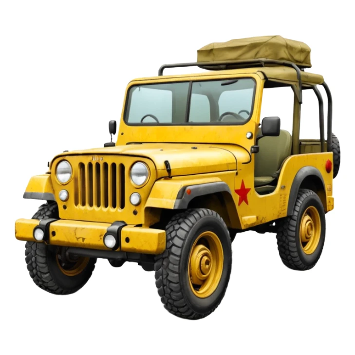 yellow military jeep, with protection, with red tuning symbols sticker