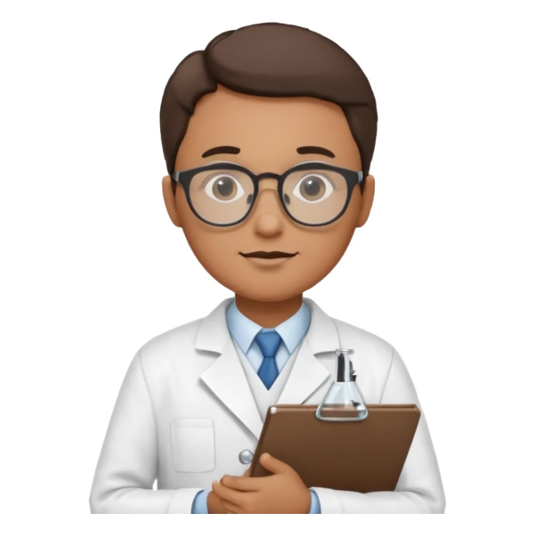 scientist with glasses and lab coat holding a clipboard or study, stylized sticker
