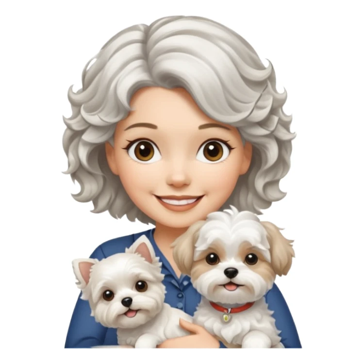 silver, short, wavy-haired with loose curls, smiling pretty lady holding a white west highland terrier dog and a white and tan shih tzu dog sticker