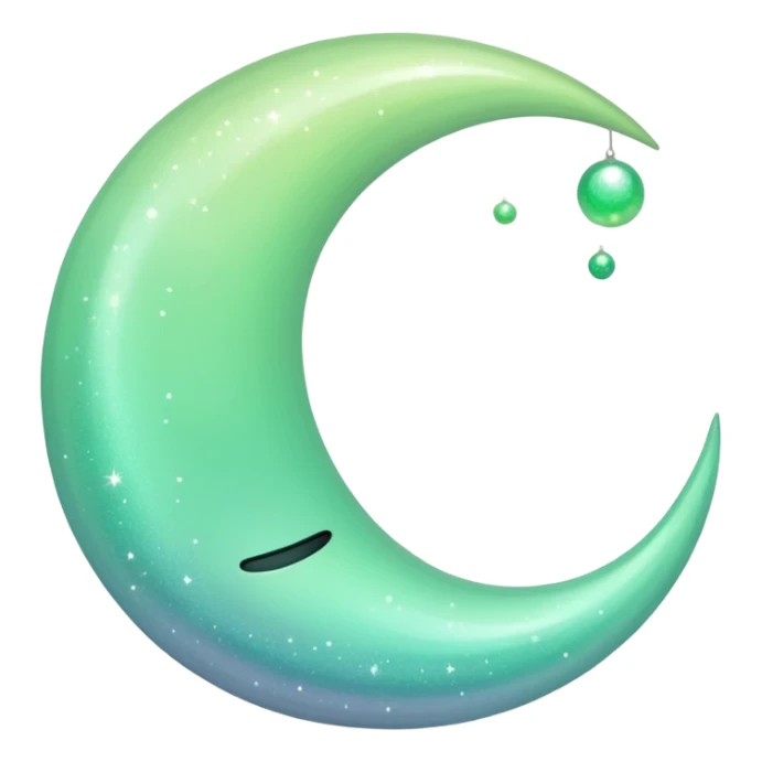 sparkly glossy pastel green-gradient crescent moon with extra shimmer, no face sticker