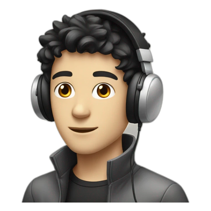 young white guy, black hair, headphones, science fiction sticker