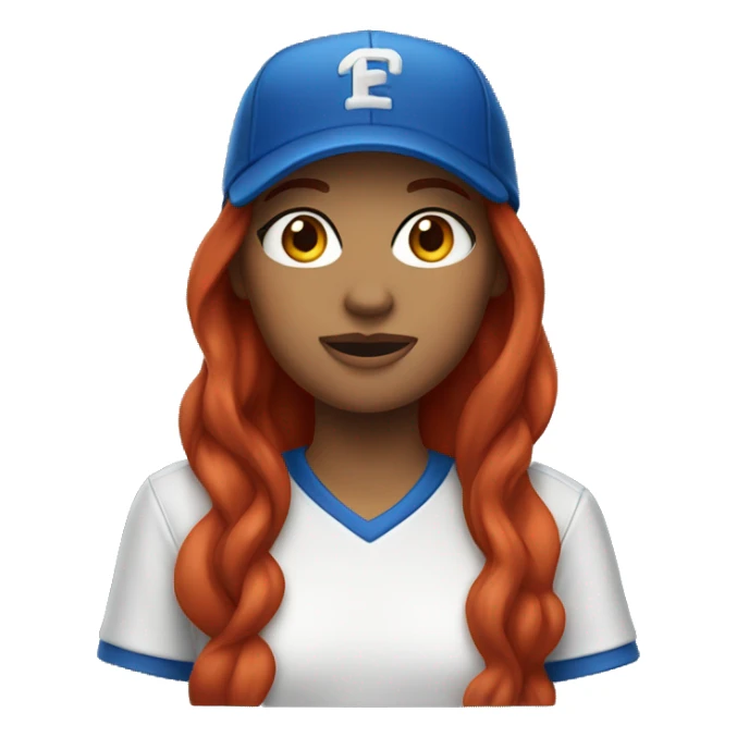 front facing standing up female coach with long red hair, wearing a white t-shirt and a simple baseball blue hat sticker