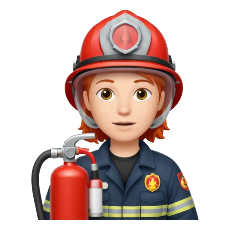 red haired Firefighter with respiratory protection with fire extinguisher sticker