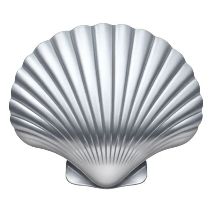 A seashell emoji made of polished silver chrome, smooth curved surface, reflective metallic highlights, elegant minimal design, iOS emoji style, centered, clean white background, soft lighting sticker
