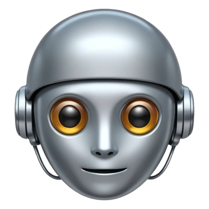 A cute futuristic robot emoji made of silver chrome, rounded friendly body, minimal facial features, glossy metallic surface, soft reflections, iOS emoji style, centered, clean white background sticker