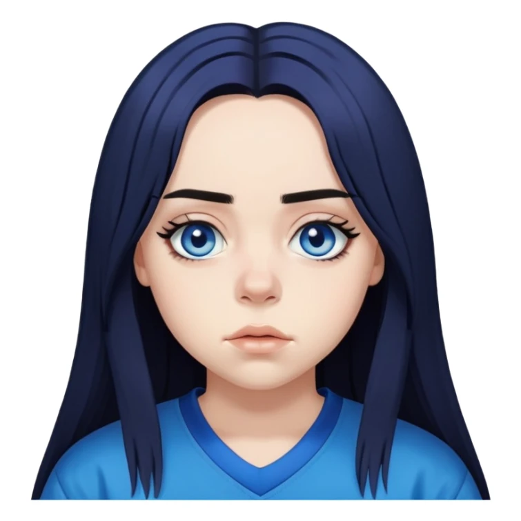 billie eilish long black hair blue eyes dark eyeliner makeup, wearing jersey sticker