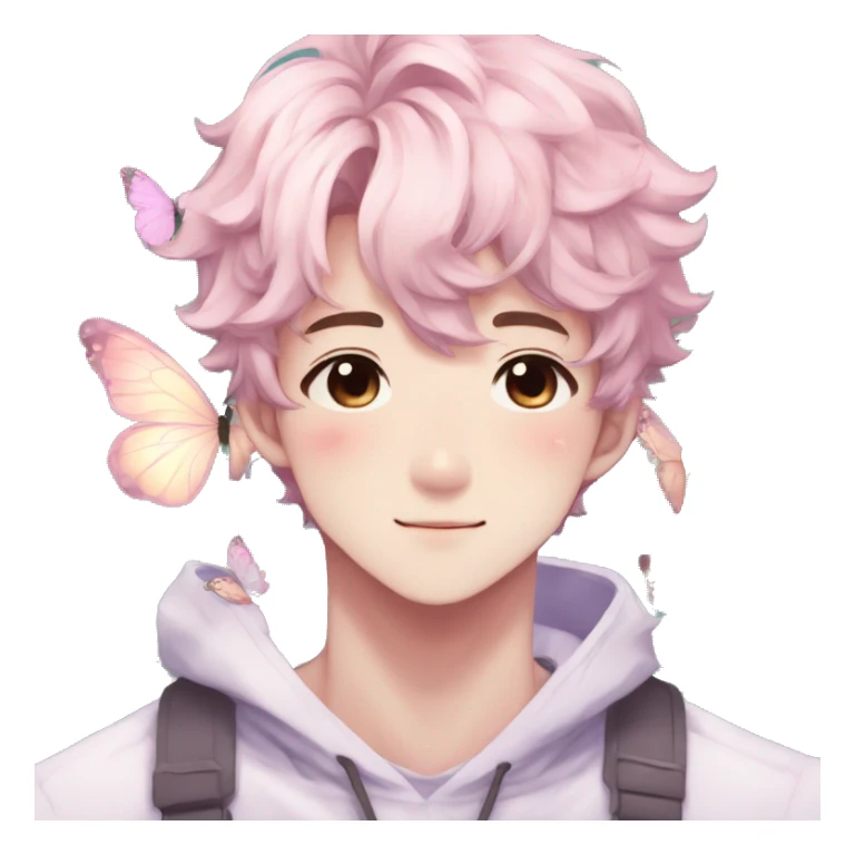 Gorgeous pastel anime style shojo man with blushing face and butterflies aesthetic and pretty hair trending style sticker