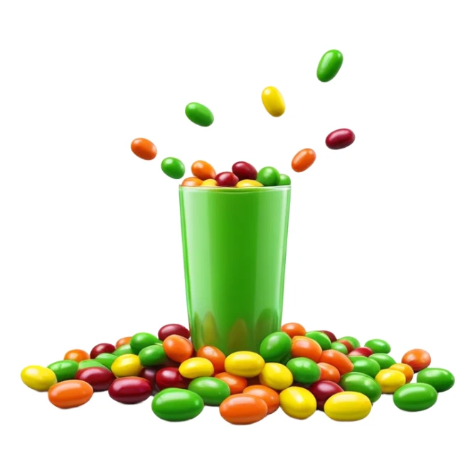 minimalist colorful Skittles candy pack with green candies spilling out sticker