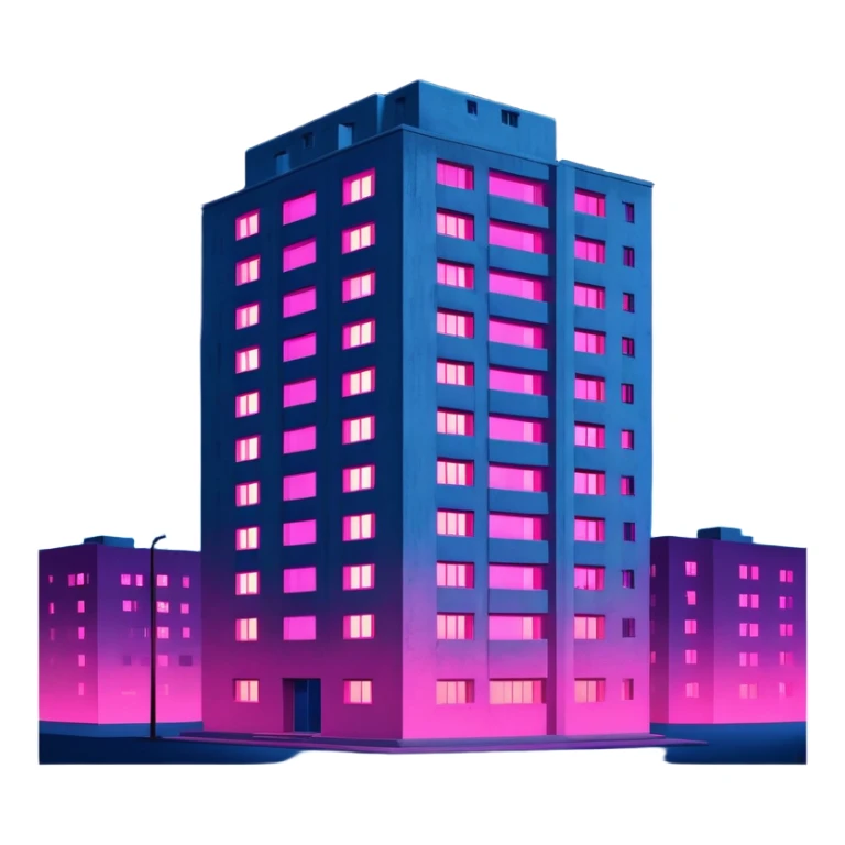 Soviet-style apartment block at night, stark concrete silhouette against dark blue night sky, single window emitting vibrant pink ultraviolet light, ghetto ambience sticker