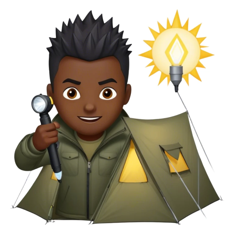 dark skinned black man with short spikey hair hover over a tent aiming his flashlight at the tent with an evil smile on his face sticker