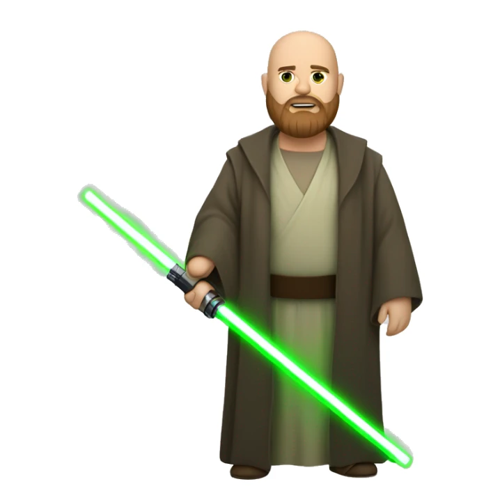 Full body Star Wars bald brown bearded chubby man holding green light saber sticker