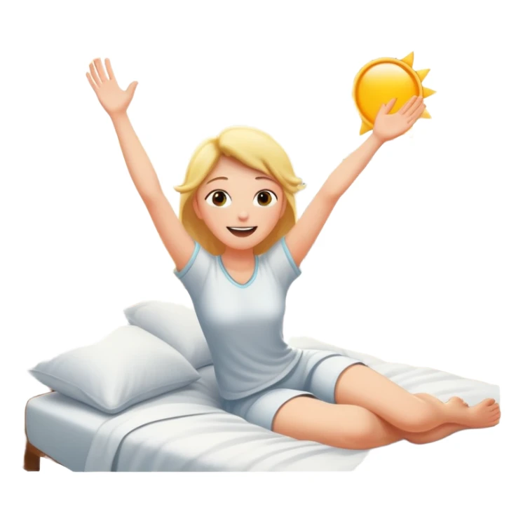 person waking up in bed, stretching with sunlight coming through the window, cheerful and fresh sticker