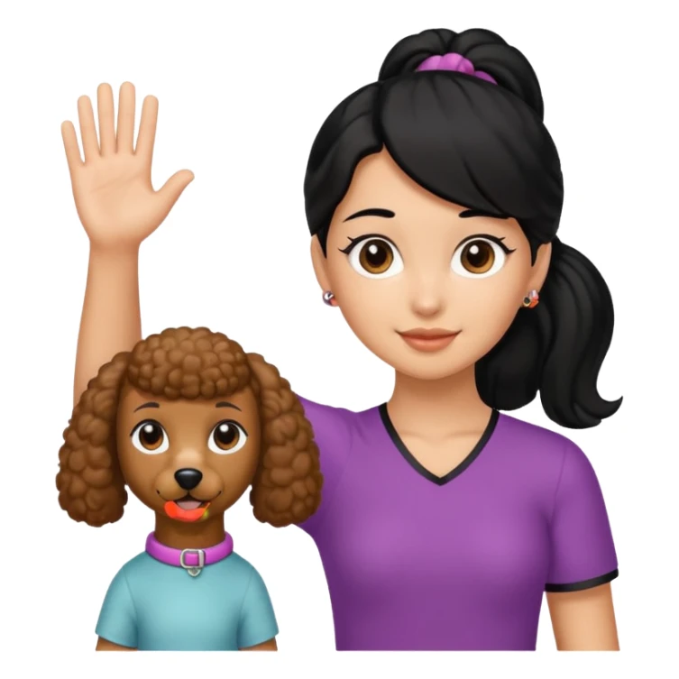 Ponytail black hair girl with brown Poodle say goodbye  sticker