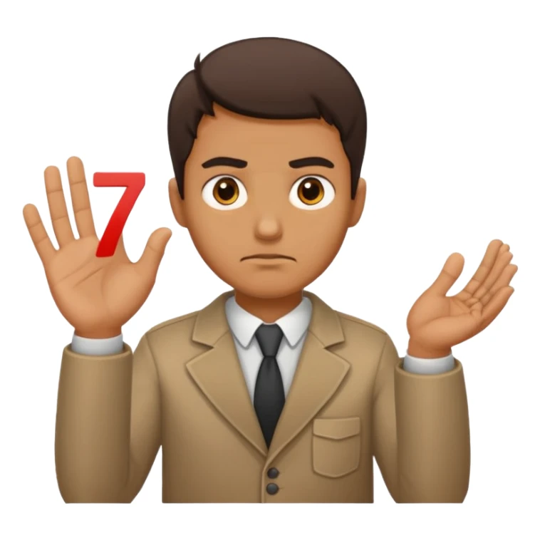 man frowning holding up numbers 6 in left hand and 7 in right hand sticker