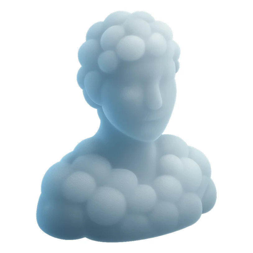 person made entirely of white fluffy convex clouds, shoulder up, front view, matte glass style, no background sticker