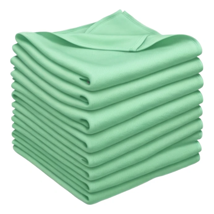 stack of soft square cloths with slightly textured fuzzy surfaces and cleanly folded edges pastel green color light neatly layered no spray dirt or extras soft lighting subtle shadows emoji scale sticker