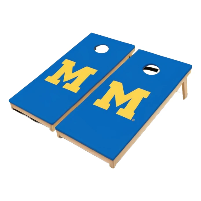 Cornhole board blue and yellow with Michigan “M” With a yellow cornhole bag sticker