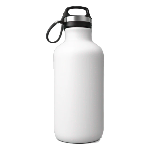 white water bottle with a rounded white lid,It has a flexible white handle strap that is secured by stainless steel attachments on both sides of the lid base, allowing the handle to arch upward over the top for easy carrying. sticker