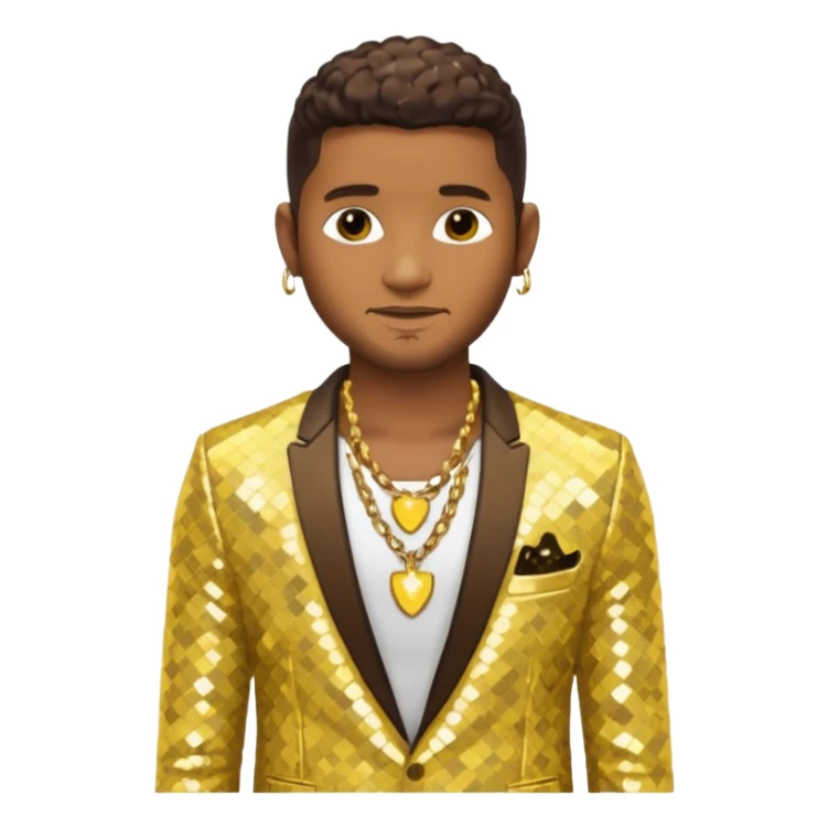 Usher with dark brown, butter yellow sequin suit jacket, shirtless with necklace sticker